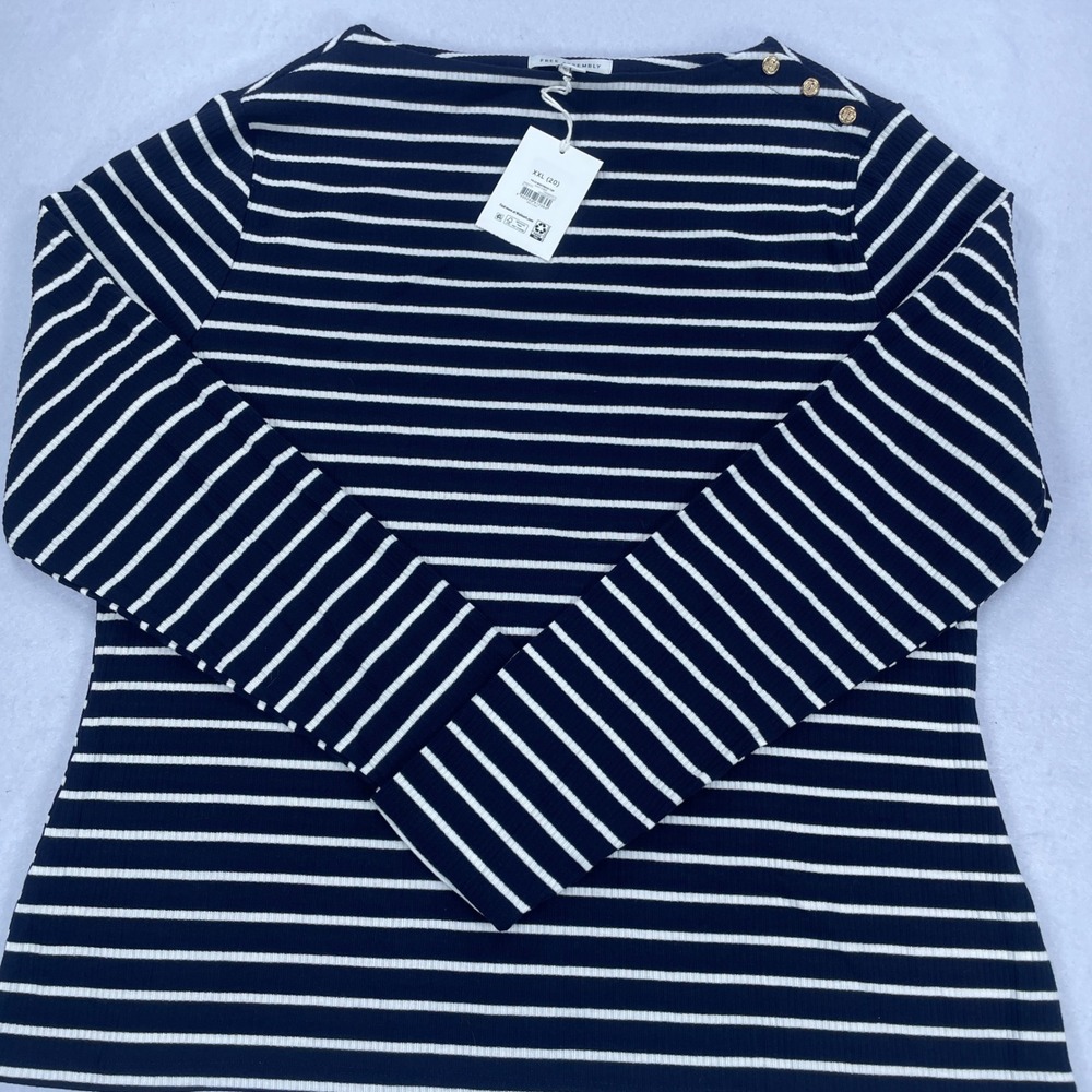 Free Assembly Navy White Striped Boatneck Top XXL Gold Button Nautical Ribbed